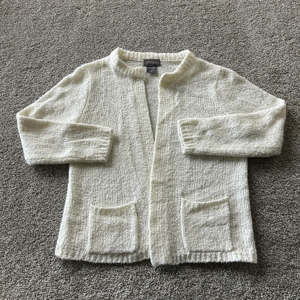 YarnWorks Cardigan Sweater Womens L White Chunky Knit Open Front Pockets Acrylic